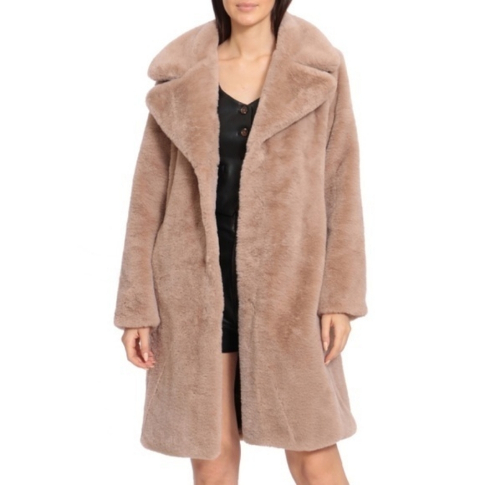 New Avec Les Filles Faux Fur Knee Length Taupe Coat XS